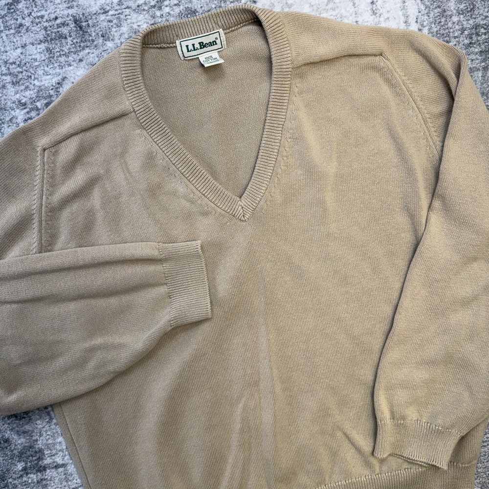 VTG 80s 90s LL Bean Sweater Mens Large Beige V-Neck Cotton Knit Jumper Scotland